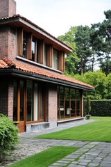 Obraz premium This contemporary brick home features expansive windows that invite natural light inside, nestled in a peaceful outdoor environment adorned with well-maintained lawns and lush trees