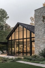 Fototapeta premium The contemporary glass house features a strikingly minimalistic design, beautifully set against a tranquil outdoor backdrop of nature during the enchanting twilight hours