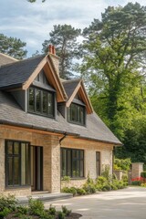 Naklejka premium Discover a delightful modern home nestled within a tranquil forest, enveloped by the beauty of nature on a wonderfully bright and sunny day