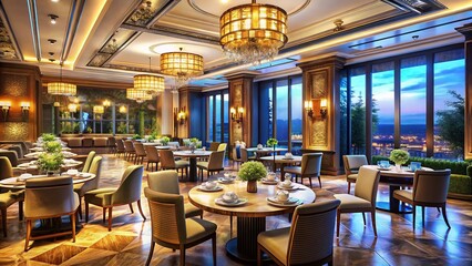 Luxury Restaurant Panoramic: Elegant Dining Experience, Four-Seater Tables, Upscale Ambiance
