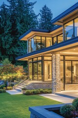 Fototapeta premium Modern home exterior illuminated at dusk surrounded by lush greenery in a serene residential area showcasing architectural elegance and landscaping beauty