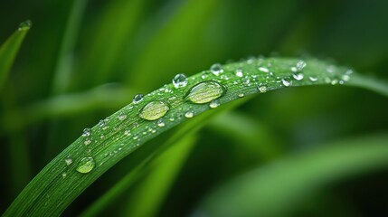 Close-up of green grass blade adorned with glistening water droplets, showcasing nature's beauty and freshness in a vibrant, serene setting.