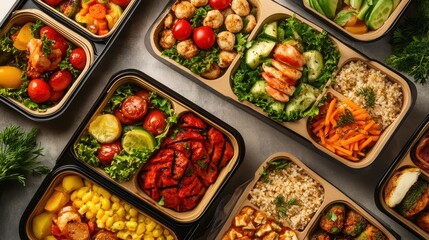 Meal delivery boxes with nutritious dishes, convenience and wellness theme. 