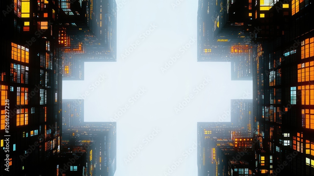Poster a futuristic view of towering buildings with illuminated windows and fog.