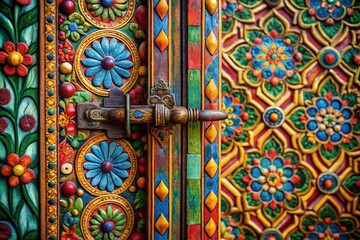 Macro Close-up of Hinged Door with Illustrated Graphic Designs - Detailed Texture and Color