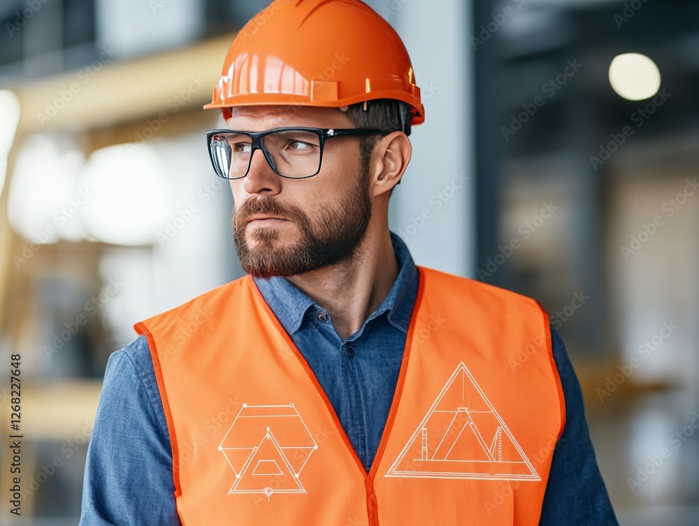 Poster construction engineer with safety vest and hard hat standing in modern industrial facility with dete