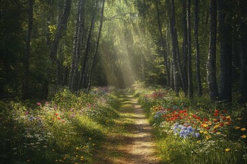 Obraz premium A serene forest path lined with wildflowers