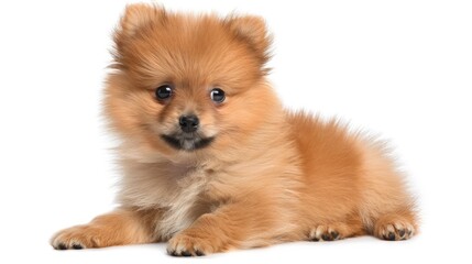 Adorable fluffy Pomeranian puppy lying gracefully on a white background, exuding charm and playfulness