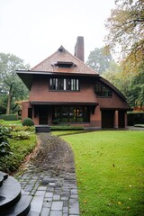 Fototapeta premium A charming brick house features a gently sloping roof and is beautifully nestled within a vibrant green garden, all under an overcast sky