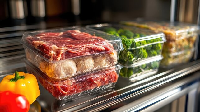 Transparent food storage bags keeping meat and vegetables fresh in fridge