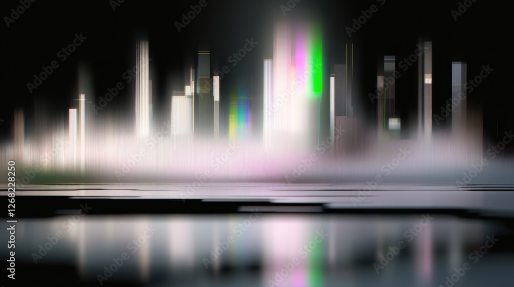 Poster abstract representation of sound waves with colorful peaks and reflections.