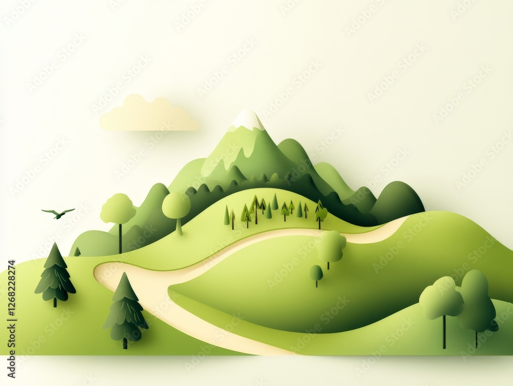 Poster green rolling hills with winding path and trees in stylized vector landscape with soft lighting atmo
