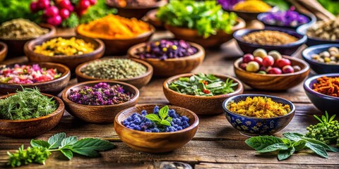 Fototapeta premium Macro Healing Herbs: Close-up Bowls of Natural Remedies on Rustic Wood