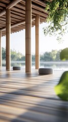 Fototapeta premium Bamboo pavilion serene lake view, zen calm