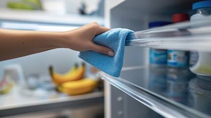 Wiping down a clear refrigerator shelf with a lint-free cloth