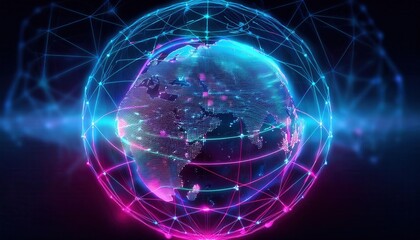 Obraz premium Firefly Neon Wireframe Globe with Floating Data Points and Connections