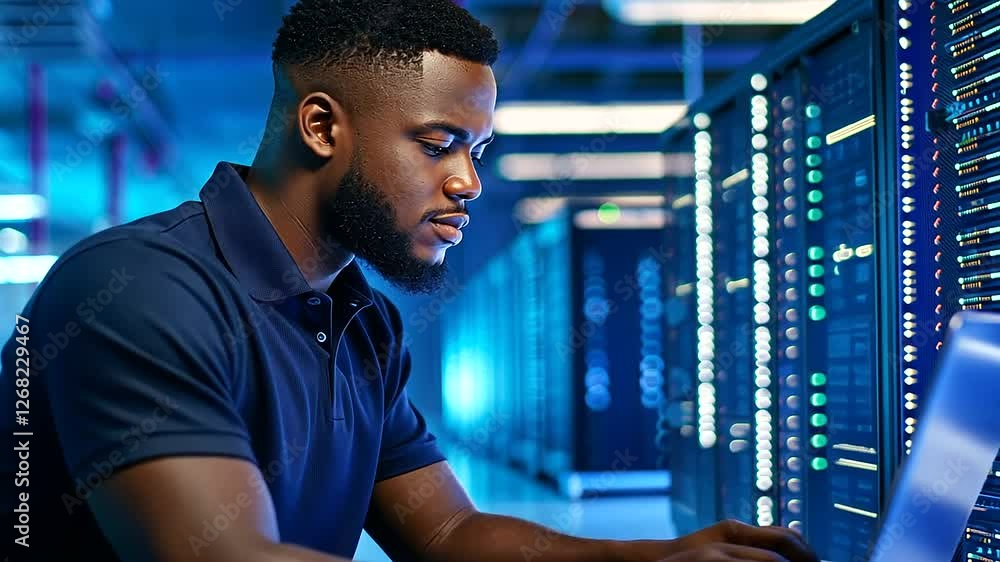 Poster it technician efficiently managing a state-of-the-art server room.