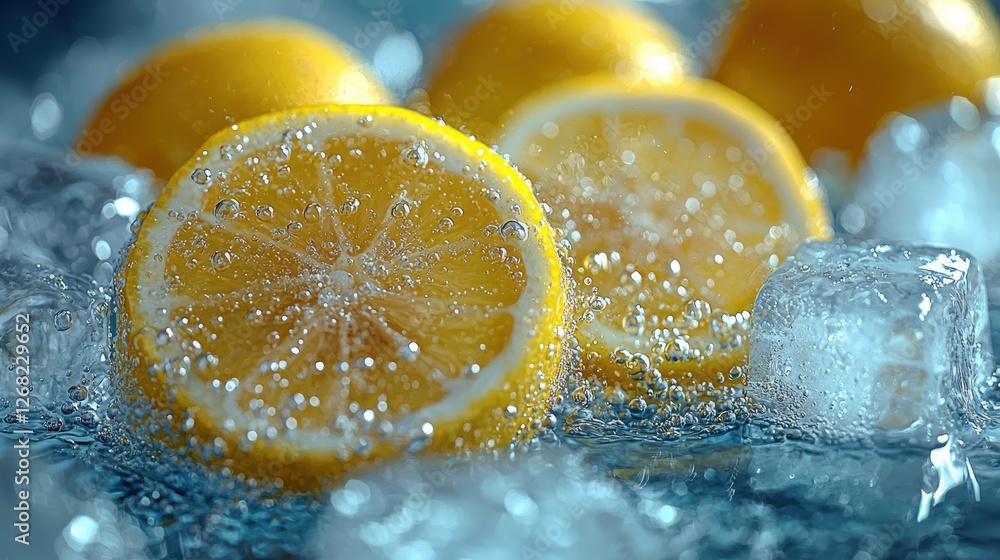 Poster fresh lemon slices in sparkling water with ice cubes.