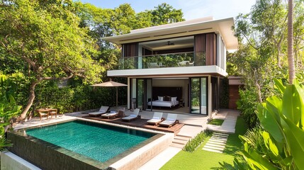 Tropical villa with modern bedroom and lush garden, blending clean design and natural serenity.