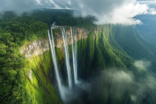 Majestic waterfall in a lush rainforest