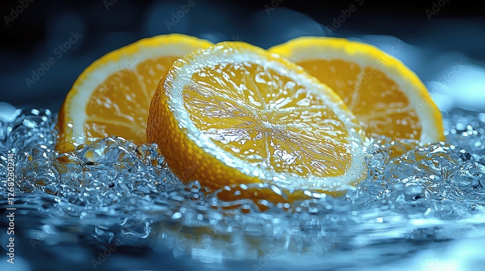 Poster slices of orange floating in water, creating a refreshing visual effect.
