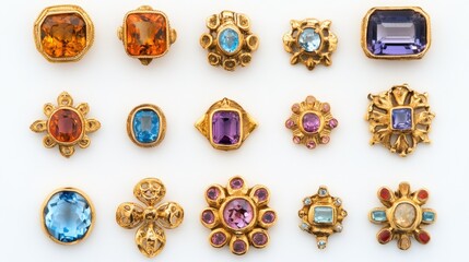 Fototapeta premium A collection of gold jewelry featuring topaz, citrine, and sapphire stones
