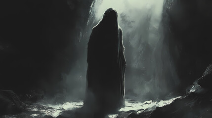 Obraz premium Mysterious shadowy figure enveloped in darkness and intrigue. Chasm of the Forgotten. Illustration