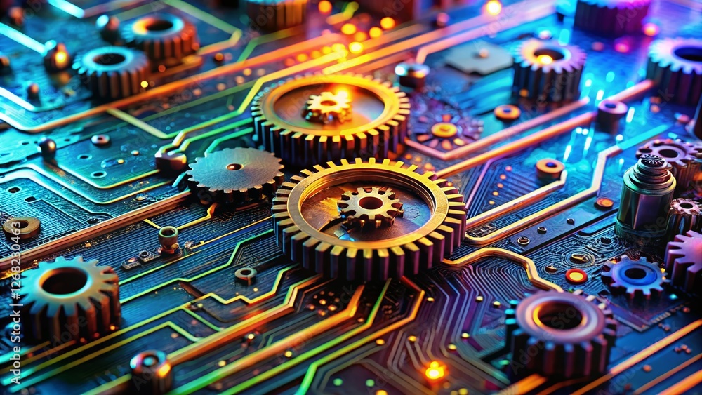 Poster macro shot: circuit board gears & data stream - digital business automation