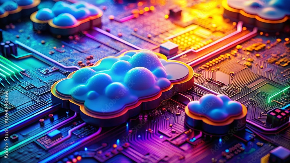 Poster macro shot: digital cloud data storage on circuit board - technology concept