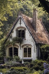 Fototapeta premium Nestled amidst a sea of vibrant greenery, this enchanting cottage features a picturesque thatched roof and boasts a stunning garden illuminated by daylight