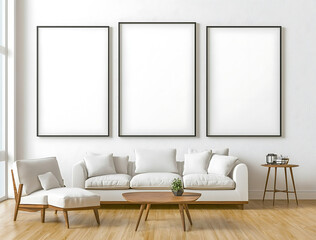 modern living room featuring white sofa, empty frames, and wooden decor. space is bright and inviting, perfect for showcasing art