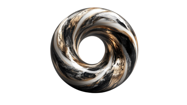 Swirling marble and gold abstract torus on transparent background
