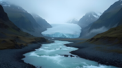 Dramatic Mountain River Scene with Breathtaking Glacier View and Powerful Atmosphere in a Natural Landscape with Ice Formations