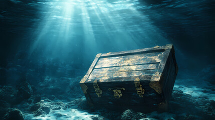 Sunbeams illuminate an old wooden chest, sunken in the ocean depths. perfect for mystery, adventure, or treasure themes. Chasm of the Forgotten. Illustration