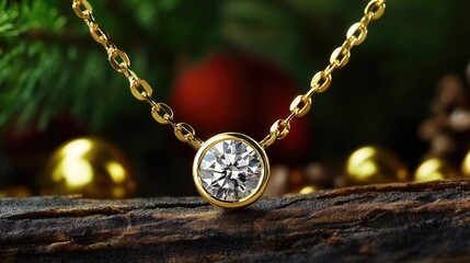 Fototapeta premium A delicate gold chain with a round diamond solitaire pendant