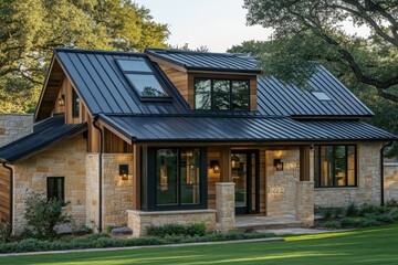 Obraz premium Modern stone house featuring a sleek metal roof and large windows surrounded by lush greenery in a serene neighborhood during the late afternoon