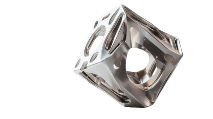 Rotating metal cube with holes on transparent background