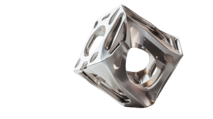 Rotating metal cube with holes on transparent background