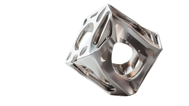 Rotating metal cube with holes on transparent background
