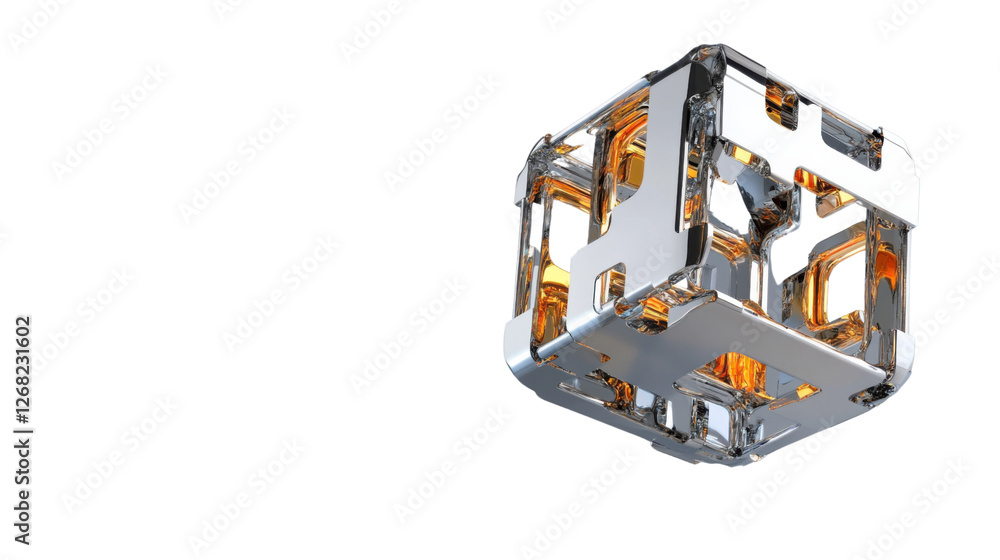 Poster abstract silver and gold cube rotating on transparent background