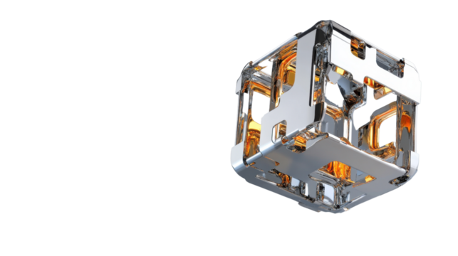 Abstract silver and gold cube rotating on transparent background