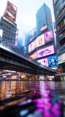 City street reflection, rain, urban landscape, billboards