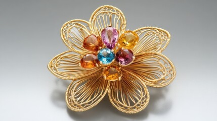 Naklejka premium A gold brooch with a floral design and multicolored gemstones arranged in petals