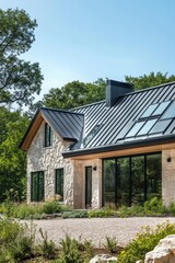 A contemporary stone home featuring expansive windows and a sleek metal roof is beautifully nestled within vibrant greenery, all set in a tranquil countryside landscape