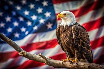 Majestic Bald Eagle Soaring Above American Flag and States Map - Patriotism Stock Photo