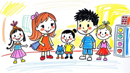 Fototapeta premium children's drawing group of children standing next to each other in front vending machine, drawn cartoonish style, with bright colors and cheerful expressions, machine brightly colored