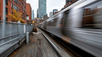 Obraz premium City train speeding past urban buildings