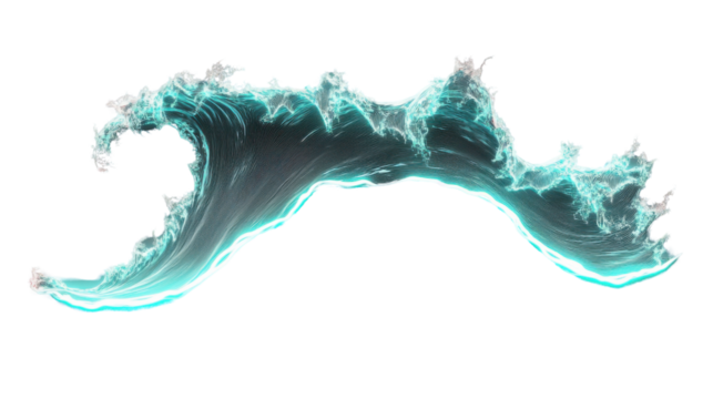 Glowing turquoise wave forming a crest on transparent background