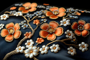 Detailed Embroidered Floral Design On Dark Fabric