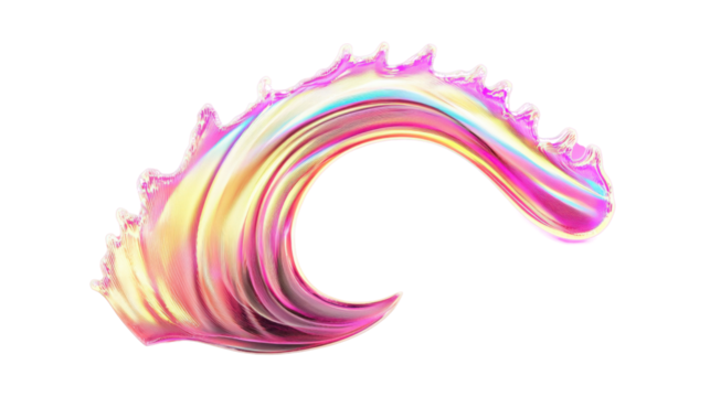 Holographic iridescent liquid wave forming an arch on transparent background